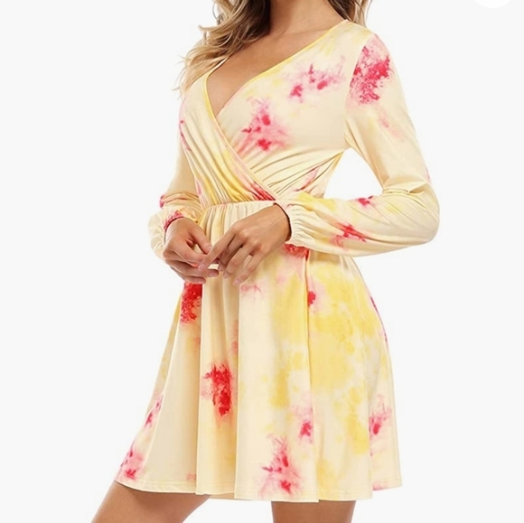 Leadingstar Yellow Tie-Dyed Long Sleeve Surplice Neckline Dress Size Large - Picture 2 of 9